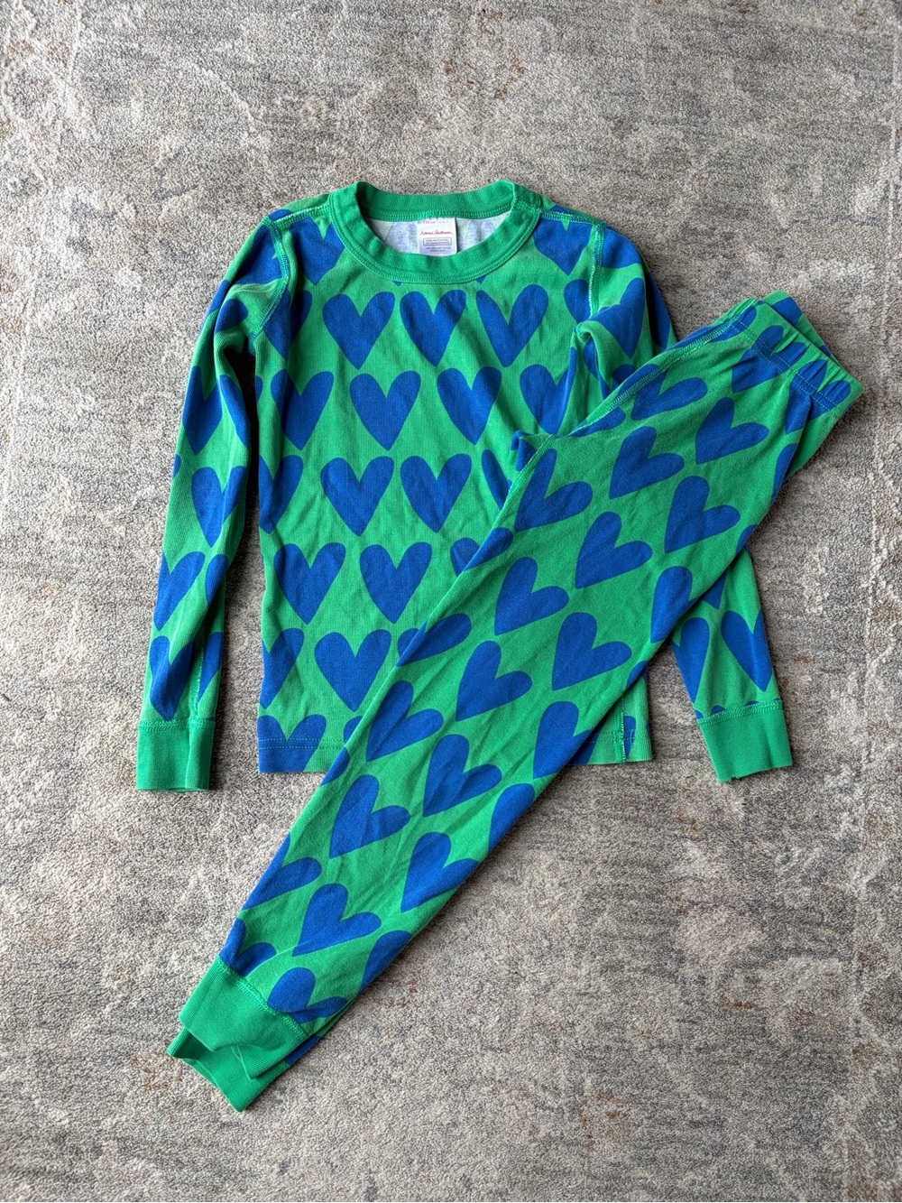 Hanna Andersson 100% Organic Cotton Long John PJs Hearts on Hearts on Green 6-7